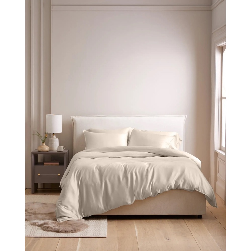 Quince Bamboo Duvet Cover Set Queen Sand Tan NWT Organic Viscose Cooling Bedding